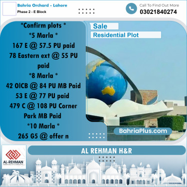8 Marla Residential Plot for Sale in Phase 2 - E Block -  Bahria Orchard, Lahore - (BP-303291)