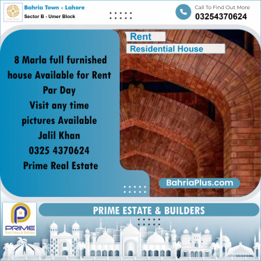 8 Marla Residential House for Rent in Sector B - Umer Block -  Bahria Town, Lahore - (BP-303464)