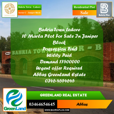 10 Marla Residential Plot for Sale in Sector C - Janiper Block -  Bahria Town, Lahore - (BP-303551)