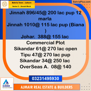 5 Marla Residential Plot for Sale in Sector E - Jinnah Block -  Bahria Town, Lahore - (BP-303737)