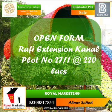 1 Kanal Residential Plot for Sale in Sector E - Rafi Ext. Block -  Bahria Town, Lahore - (BP-303753)