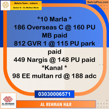 1 Kanal Residential Plot for Sale in Sector D - EE Multan Block -  Bahria Town, Lahore - (BP-303768)
