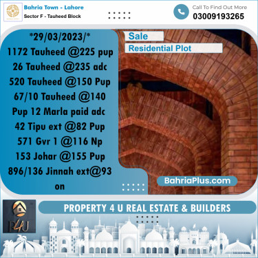 10 Marla Residential Plot for Sale in Sector F - Tauheed Block -  Bahria Town, Lahore - (BP-303822)