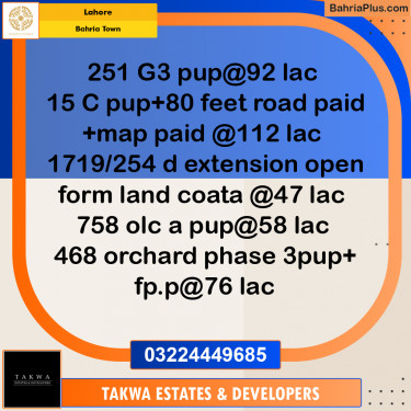 Residential Plot for Sale in Bahria Town, Lahore - (BP-303860)