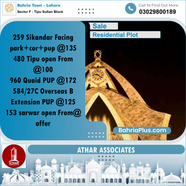 10 Marla Residential Plot for Sale in Sector F - Tipu Sultan Block -  Bahria Town, Lahore - (BP-303973)