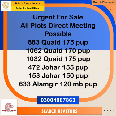 10 Marla Residential Plot for Sale in Sector E - Quaid Block -  Bahria Town, Lahore - (BP-304015)