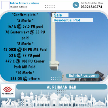8 Marla Residential Plot for Sale in Phase 2 - E Block -  Bahria Orchard, Lahore - (BP-304019)