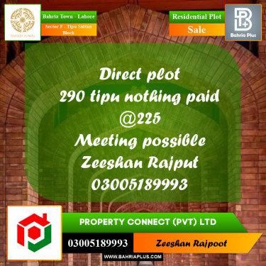 Residential Plot for Sale in Sector F - Tipu Sultan Block -  Bahria Town, Lahore - (BP-304059)