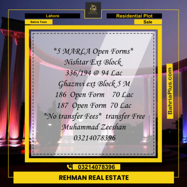 5 Marla Residential Plot for Sale in Bahria Town, Lahore - (BP-304074)