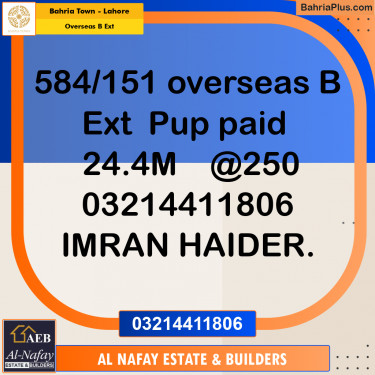 20 Marla Residential Plot for Sale in Overseas B Ext -  Bahria Town, Lahore - (BP-304119)