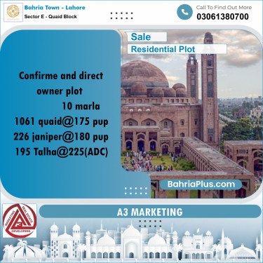 10 Marla Residential Plot for Sale in Sector E - Quaid Block -  Bahria Town, Lahore - (BP-304168)