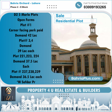 5 Marla Residential Plot for Sale in Phase 2 - D Block -  Bahria Orchard, Lahore - (BP-304257)