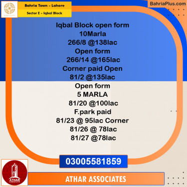 5 Marla Residential Plot for Sale in Sector E - Iqbal Block -  Bahria Town, Lahore - (BP-304361)