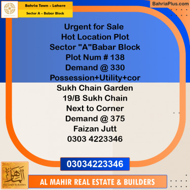 Residential Plot for Sale in Sector A - Babar Block -  Bahria Town, Lahore - (BP-304368)