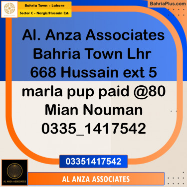 5 Marla Residential Plot for Sale in Sector C - Nargis/Hussain Ext. -  Bahria Town, Lahore - (BP-304516)