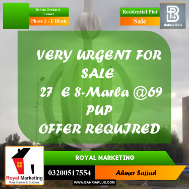 8 Marla Residential Plot for Sale in Phase 2 - E Block -  Bahria Orchard, Lahore - (BP-304603)