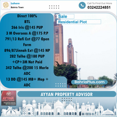 10 Marla Residential Plot for Sale in Bahria Town, Lahore - (BP-304622)