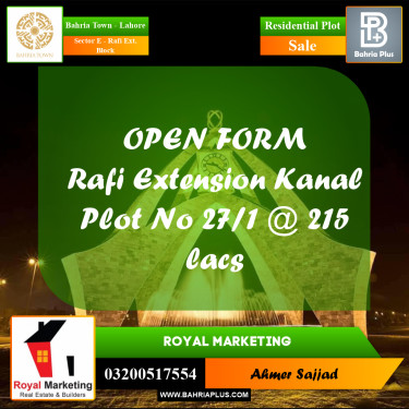 1 Kanal Residential Plot for Sale in Sector E - Rafi Ext. Block -  Bahria Town, Lahore - (BP-305379)