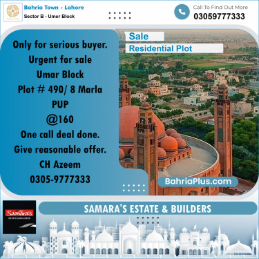 8 Marla Residential Plot for Sale in Sector B - Umer Block -  Bahria Town, Lahore - (BP-305448)
