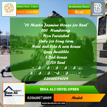 Residential House for Rent in Sector C - Jasmine Block -  Bahria Town, Lahore - (BP-305482)