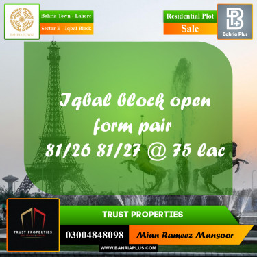 5 Marla Residential Plot for Sale in Sector E - Iqbal Block -  Bahria Town, Lahore - (BP-305543)