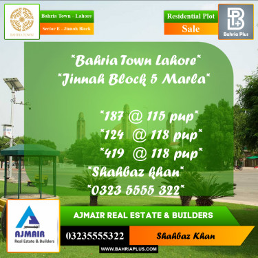 5 Marla Residential Plot for Sale in Sector E - Jinnah Block -  Bahria Town, Lahore - (BP-305547)