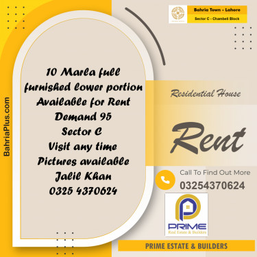 10 Marla Residential House for Rent in Sector C - Chambeli Block -  Bahria Town, Lahore - (BP-305954)