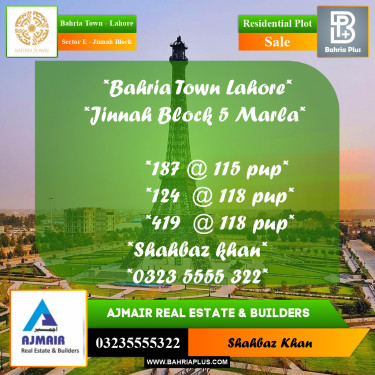 5 Marla Residential Plot for Sale in Sector E - Jinnah Block -  Bahria Town, Lahore - (BP-305970)