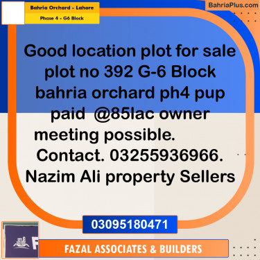 10 Marla Residential Plot for Sale in Phase 4 - G6 Block -  Bahria Orchard, Lahore - (BP-306027)