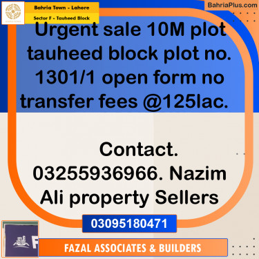 10 Marla Residential Plot for Sale in Sector F - Tauheed Block -  Bahria Town, Lahore - (BP-306044)