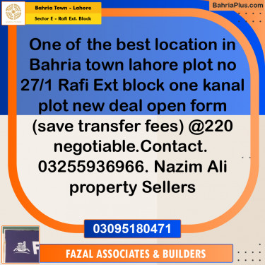 1 Kanal Residential Plot for Sale in Sector E - Rafi Ext. Block -  Bahria Town, Lahore - (BP-306053)