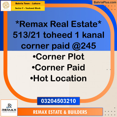 1 Kanal Residential Plot for Sale in Sector F - Tauheed Block -  Bahria Town, Lahore - (BP-306108)