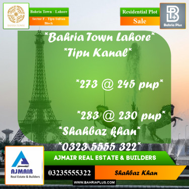 1 Kanal Residential Plot for Sale in Sector F - Tipu Sultan Block -  Bahria Town, Lahore - (BP-306219)