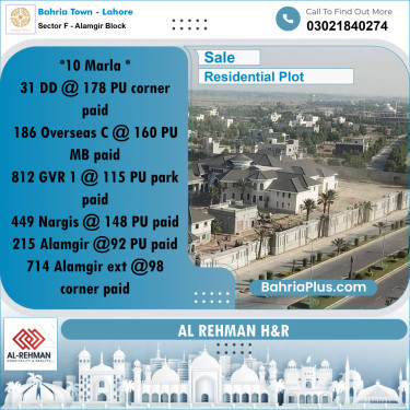 10 Marla Residential Plot for Sale in Sector F - Alamgir Block -  Bahria Town, Lahore - (BP-306499)
