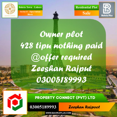 Residential Plot for Sale in Sector F - Tipu Sultan Block -  Bahria Town, Lahore - (BP-306755)