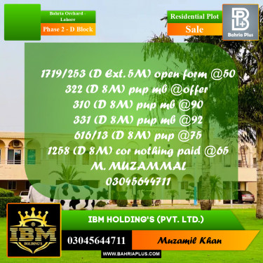 8 Marla Residential Plot for Sale in Phase 2 - D Block -  Bahria Orchard, Lahore - (BP-306872)