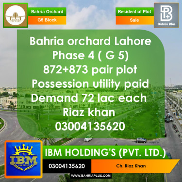 10 Marla Residential Plot for Sale in Phase 4 - G5 Block -  Bahria Orchard, Lahore - (BP-306899)