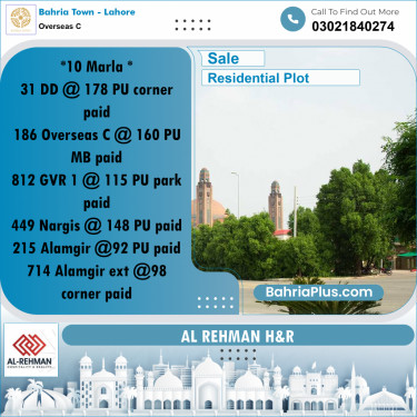 10 Marla Residential Plot for Sale in Overseas C -  Bahria Town, Lahore - (BP-306909)