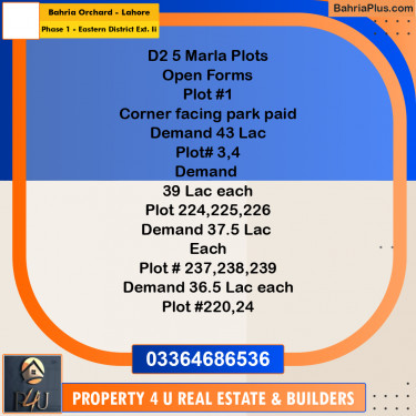 5 Marla Residential Plot for Sale in Phase 1 - Eastern District Ext. II -  Bahria Orchard, Lahore - (BP-307139)