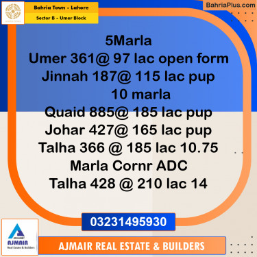 6 Marla Residential Plot for Sale in Sector B - Umer Block -  Bahria Town, Lahore - (BP-307183)