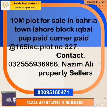 10 Marla Residential Plot for Sale in Sector E - Iqbal Block -  Bahria Town, Lahore - (BP-307184)