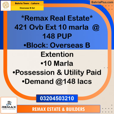 10 Marla Residential Plot for Sale in Overseas B Ext -  Bahria Town, Lahore - (BP-307253)