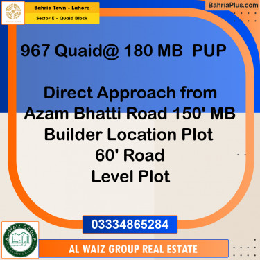 10 Marla Residential Plot for Sale in Sector E - Quaid Block -  Bahria Town, Lahore - (BP-307335)