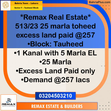 1 Kanal Residential Plot for Sale in Sector F - Tauheed Block -  Bahria Town, Lahore - (BP-307655)