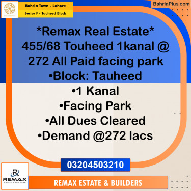 1 Kanal Residential Plot for Sale in Sector F - Tauheed Block -  Bahria Town, Lahore - (BP-307661)