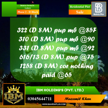 8 Marla Residential Plot for Sale in Phase 2 - D Block -  Bahria Orchard, Lahore - (BP-307696)