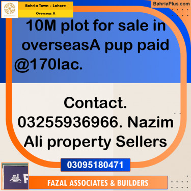 10 Marla Residential Plot for Sale in Overseas A -  Bahria Town, Lahore - (BP-307744)