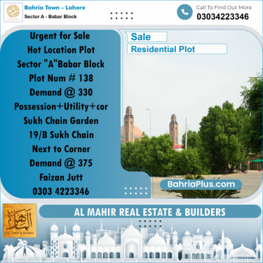 Residential Plot for Sale in Sector A - Babar Block -  Bahria Town, Lahore - (BP-307745)