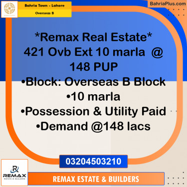 10 Marla Residential Plot for Sale in Overseas B -  Bahria Town, Lahore - (BP-307817)