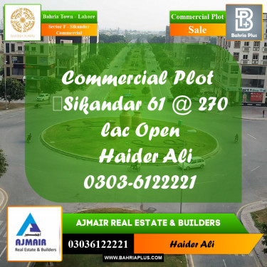 Commercial Plot for Sale in Sector F - Sikandar Commercial -  Bahria Town, Lahore - (BP-307934)